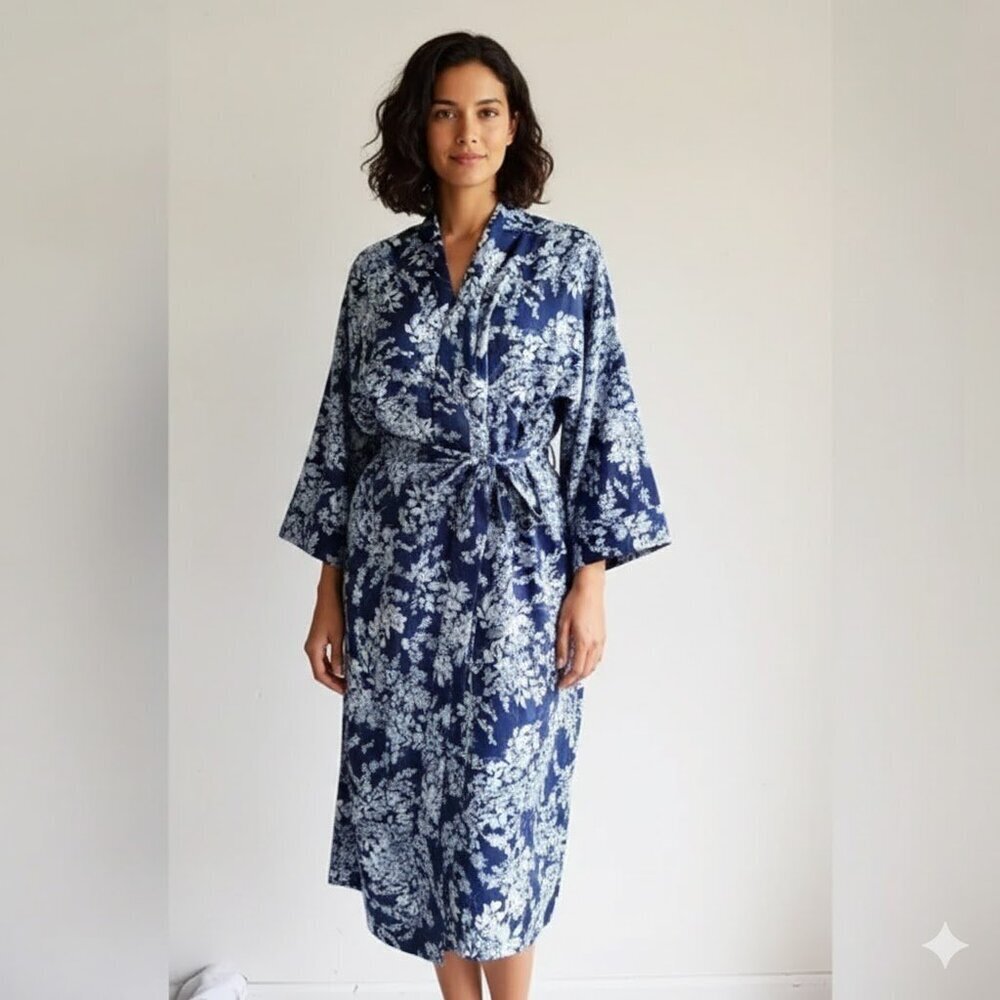 CABERNET Blue Floral Satin Bathrobe | Medium | Feminine Sleepwear
